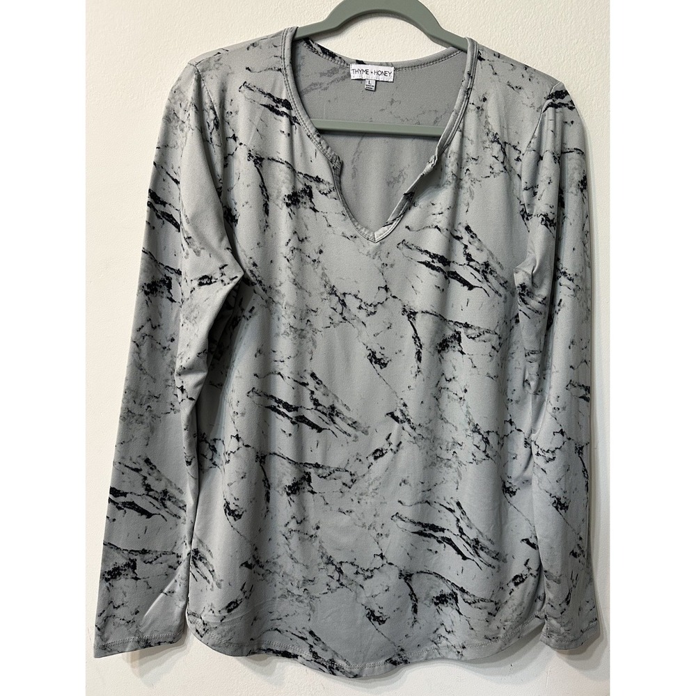 Thyme + Honey Womens Top Size L Large Grey Black Marble Print Notch Neck Tee